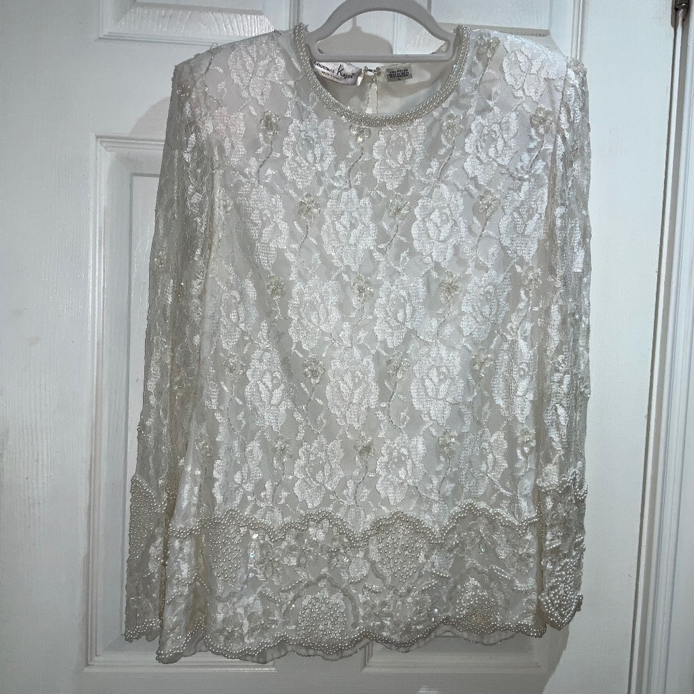 Laurence Kazar Beaded Sequin Ivory Lace Top Sz L Scalloped hem vintage